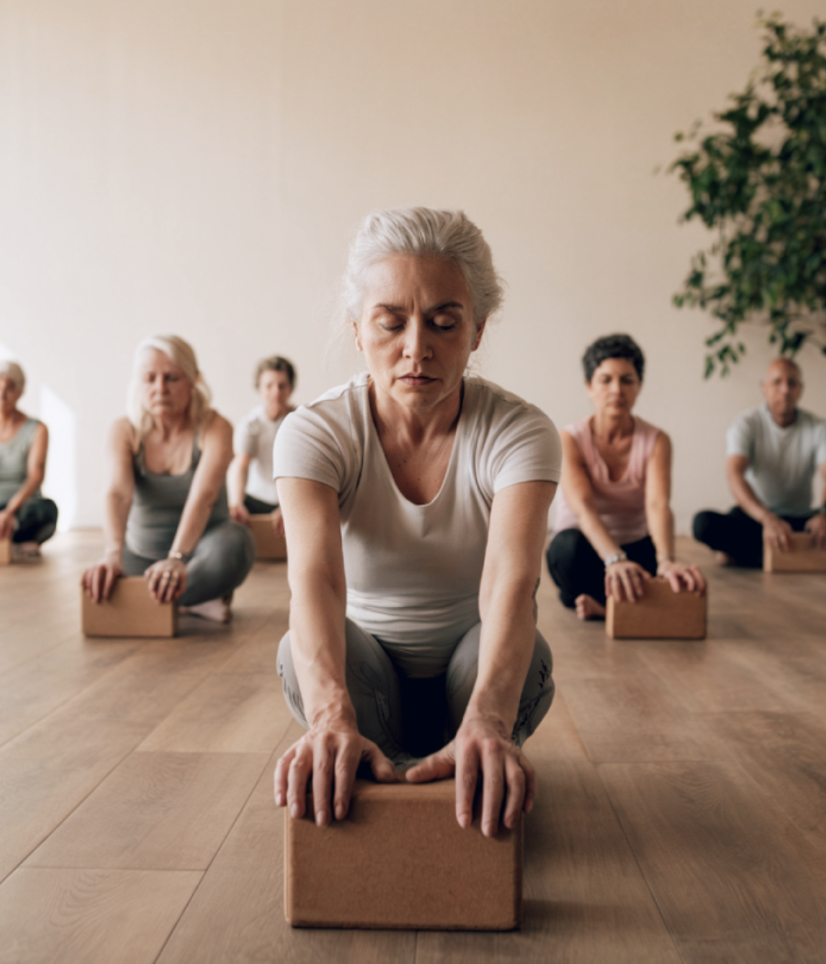 Corso di Yoga per Over 60 – Lezione a Milano Yoga Space Gruppo di adulti maturi in lezione di yoga, seduti con blocchi in sughero in una sala luminosa