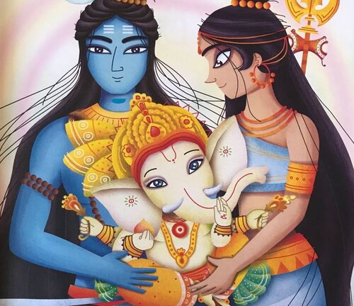 Dipinto di Shiva dalla pelle blu e Parvati che tengono in braccio il piccolo Ganesha dalla testa di elefante
