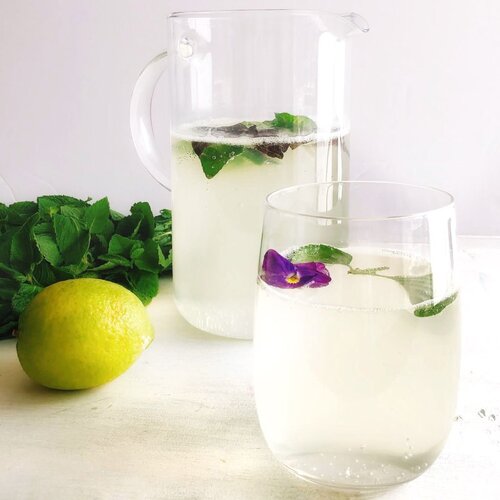 Bevanda Rinfrescante con Menta e Lime – Post Pratica Yoga Caraffa e bicchieri con bevanda ghiacciata bianca, foglie di menta, fiore viola e lime su superficie bianca