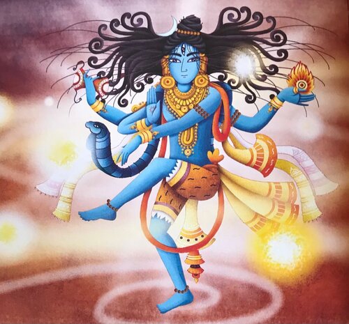 Dipinto di Shiva Nataraja con quattro braccia e gamba alzata nella danza cosmica, figura dalla pelle blu
