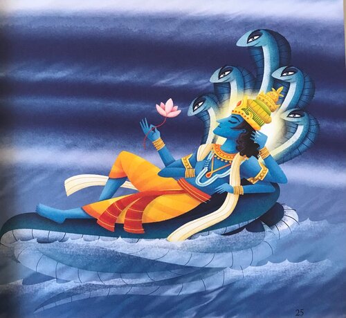 Dipinto di divinita dalla pelle blu sdraiata su un serpente multicefalo sull'acqua, con fiore di loto in mano