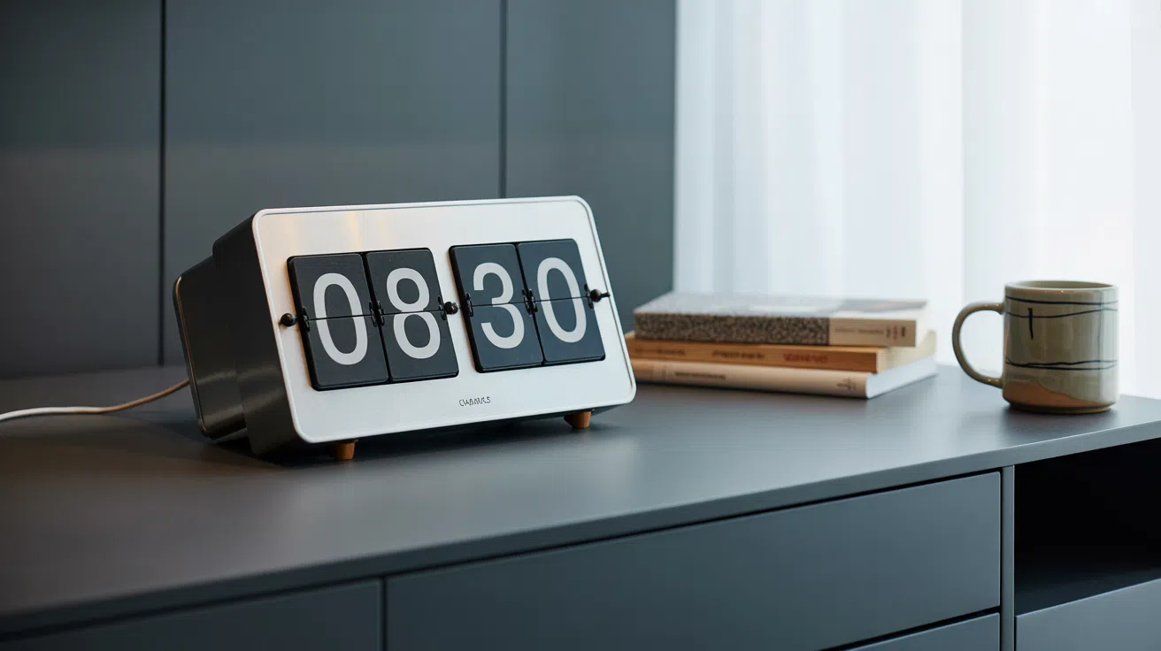 Orologio flip clock in stile retr&ograve; che segna le 8:30 su un mobile grigio, con libri e tazza in ceramica accanto