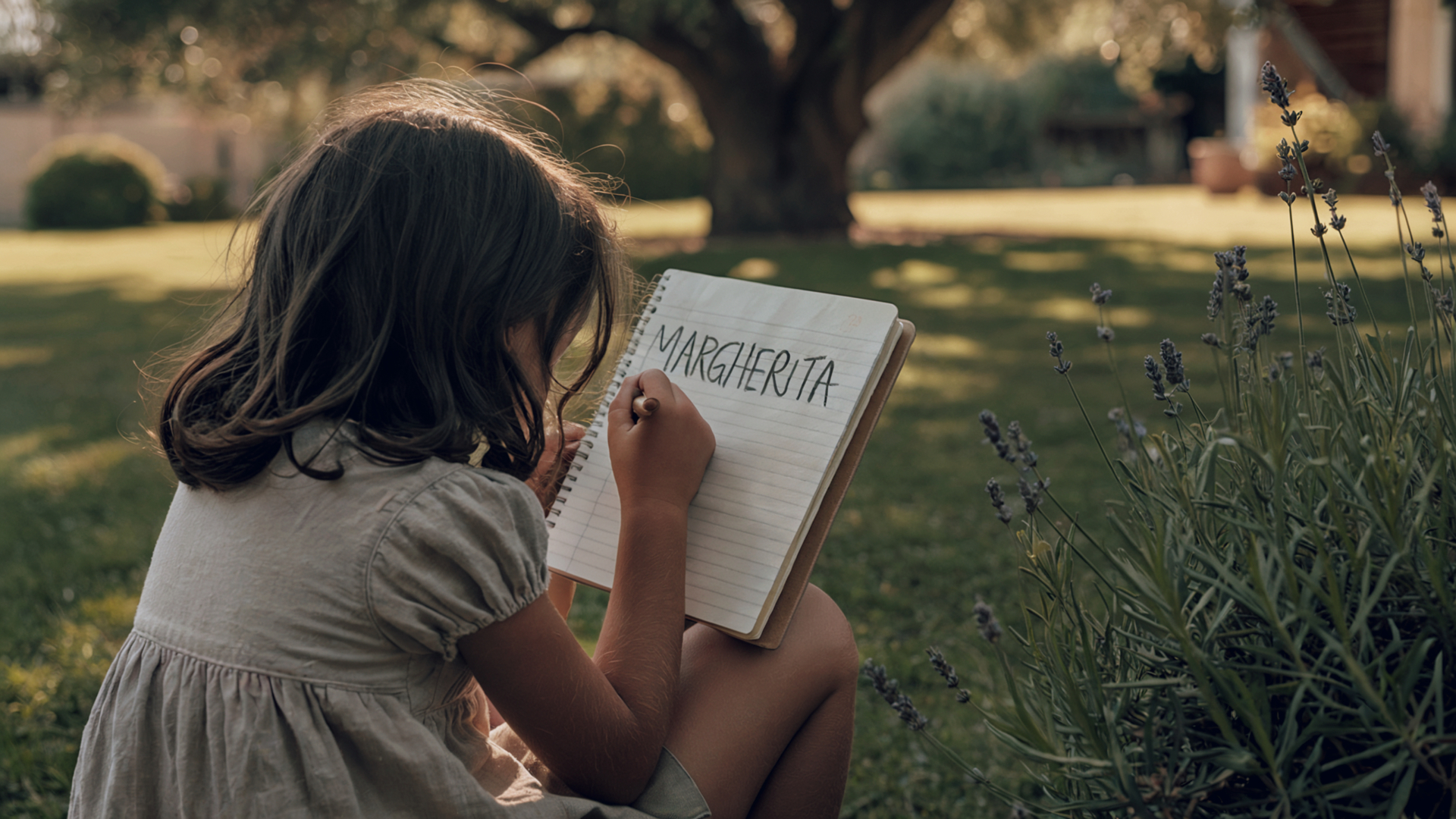 Bambina di spalle scrive 'MARGHERITA' su un quaderno, seduta sull'erba tra cespugli di lavanda
