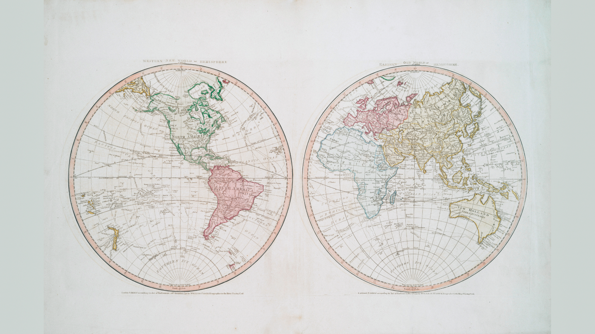 Planisfero storico con i due emisferi colorati in stile cartografico antico: continenti in verde, rosa e giallo