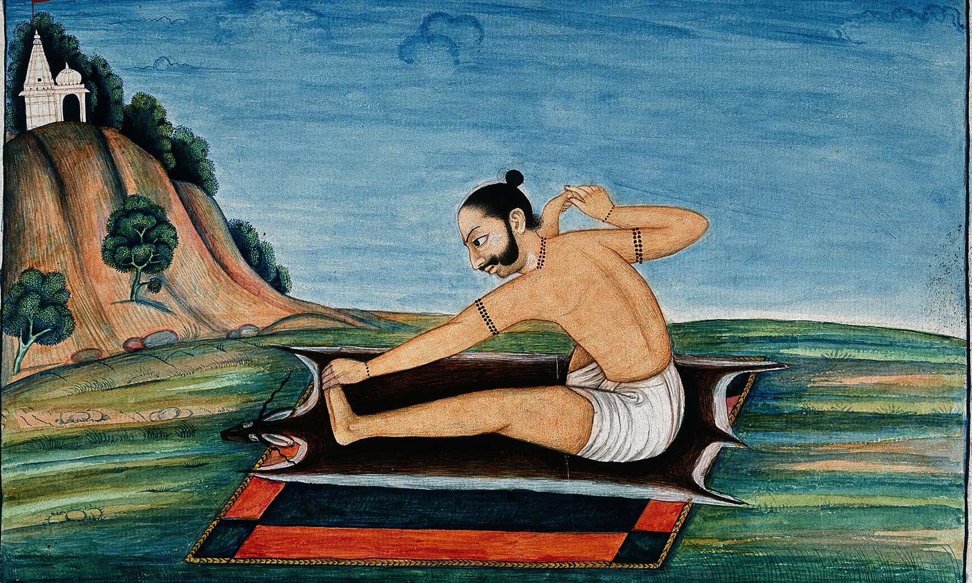 Miniatura indiana c. 1850, stile Mughal: yogi in akarna dhanurasana con tempio su collina sullo sfondo
