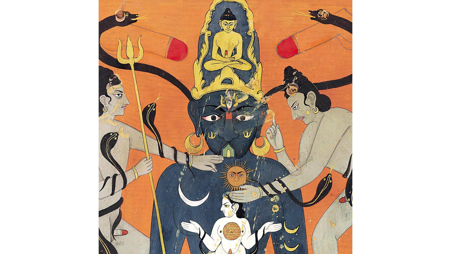 Dipinto tradizionale indiano con divinit&agrave; tantrica dalla pelle scura, tre occhi e trishula, figura meditante sulla corona